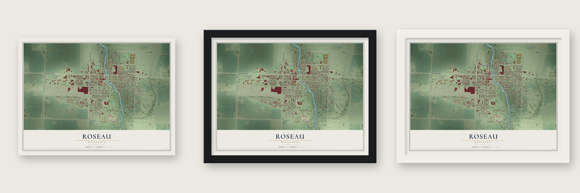 Roseau, Minnesota map unframed, in a black wood frame and in a white wood frame