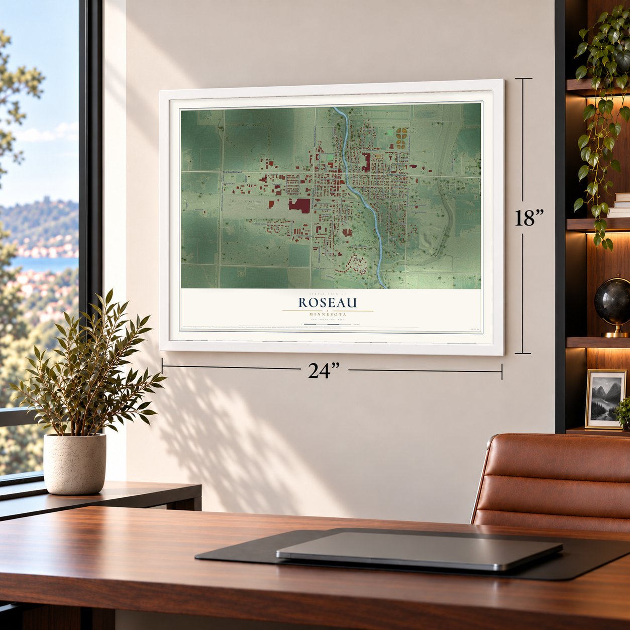 Roseau, Minnesota map, 18 x 24 inch print in a white frame in a home office