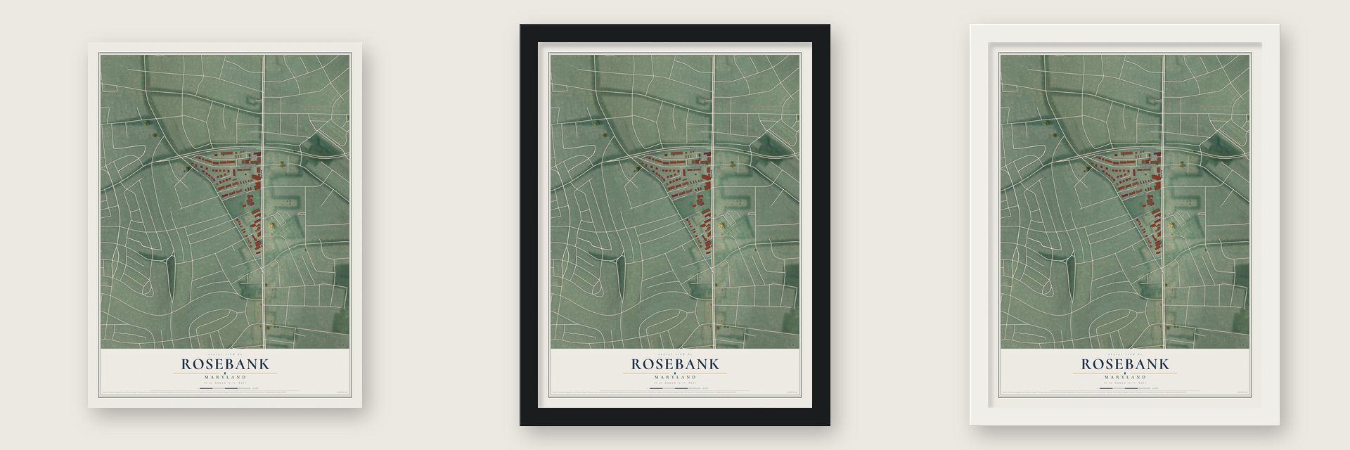 Rosebank, Maryland map unframed, in a black wood frame and in a white wood frame