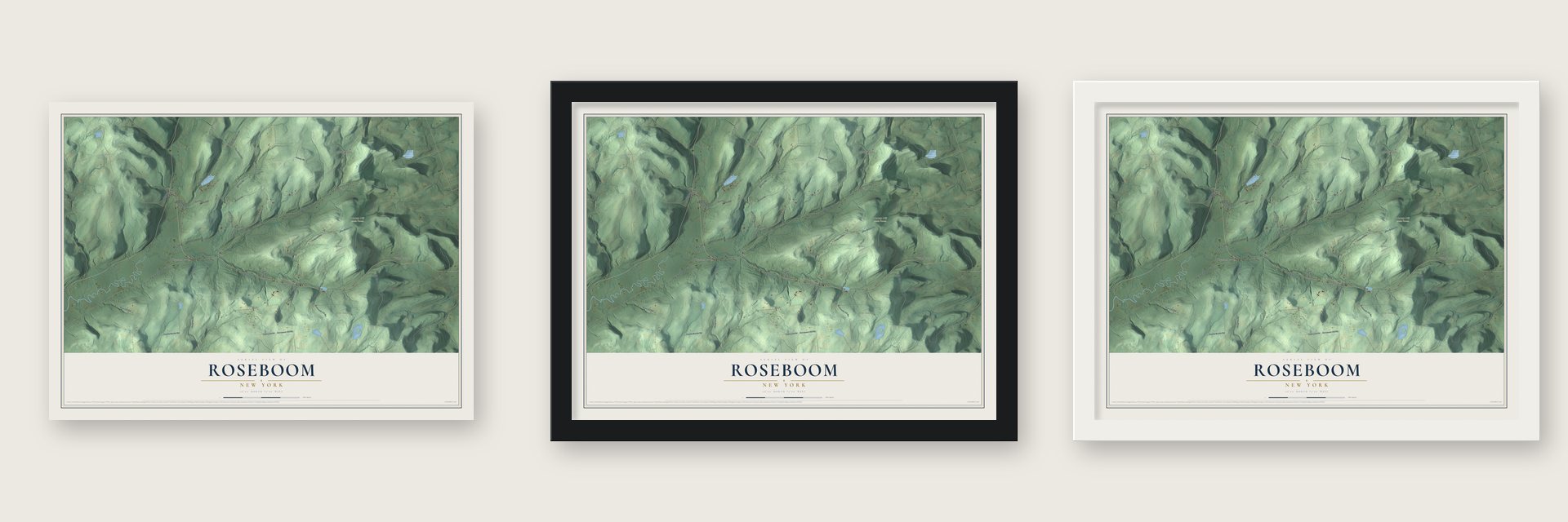 Roseboom, New York map unframed, in a black wood frame and in a white wood frame
