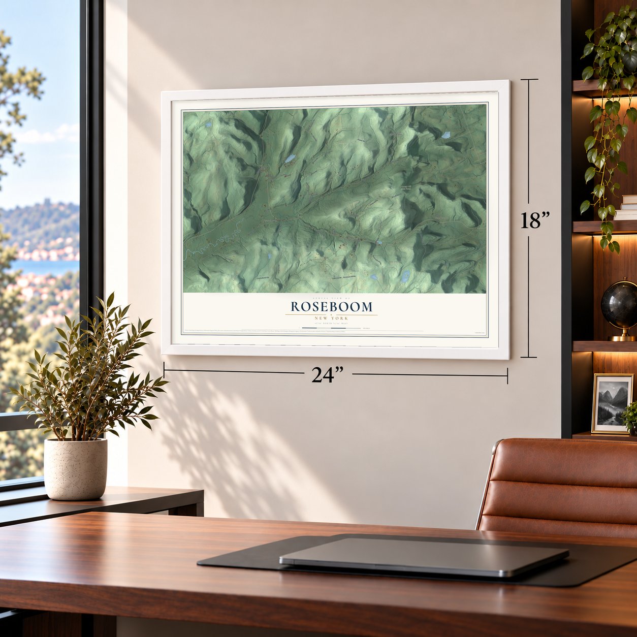 Roseboom, New York map, 18 x 24 inch print in a white frame in a home office