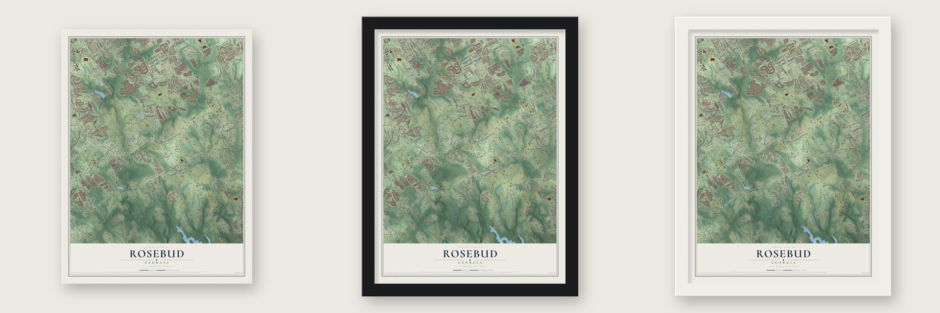 Rosebud, Georgia map unframed, in a black wood frame and in a white wood frame