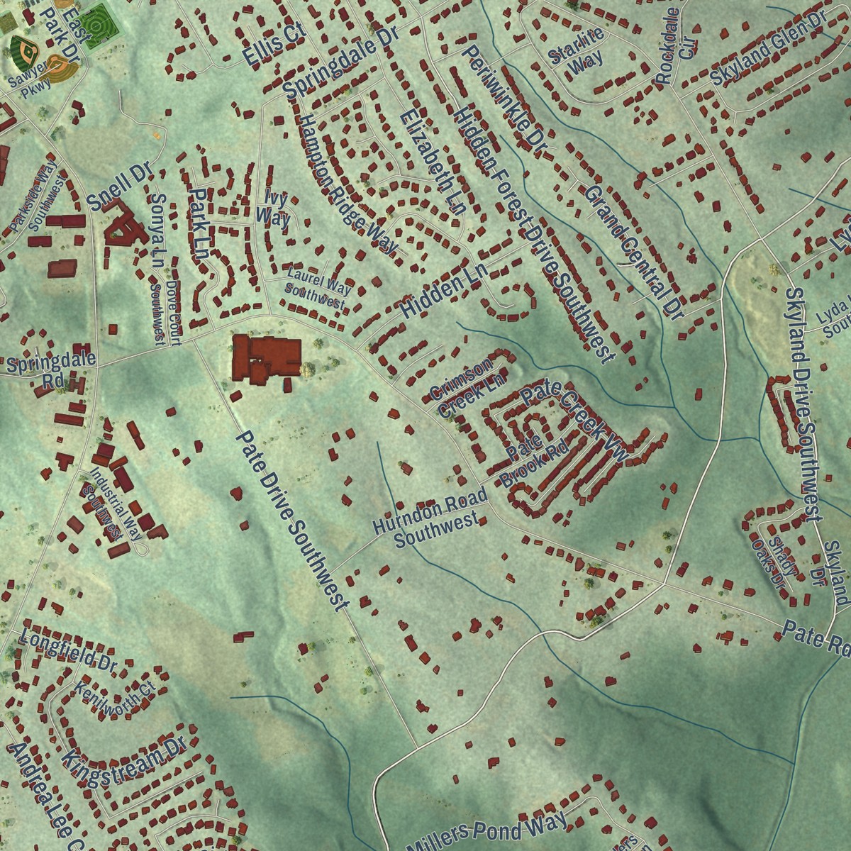 Second close-up of the map of Rosebud, Georgia print showing more streets and buildings