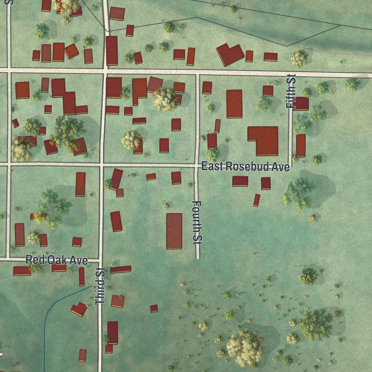 Second close-up of the map of Rosebud, Missouri print showing more streets and buildings