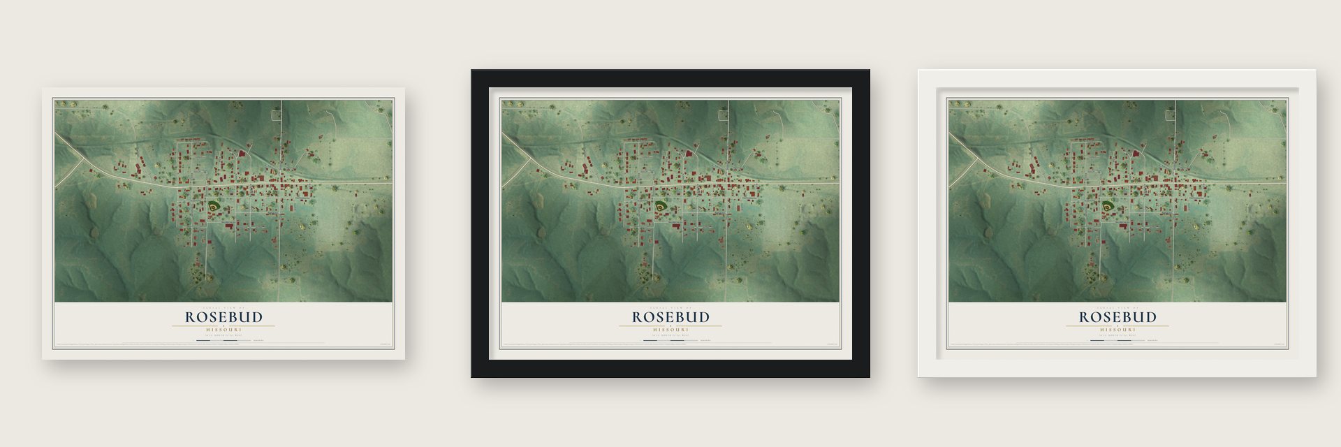 Rosebud, Missouri map unframed, in a black wood frame and in a white wood frame