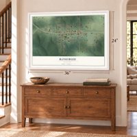 Rosebud, Missouri map, 24 x 36 inch print in a white frame above a dresser by a staircase
