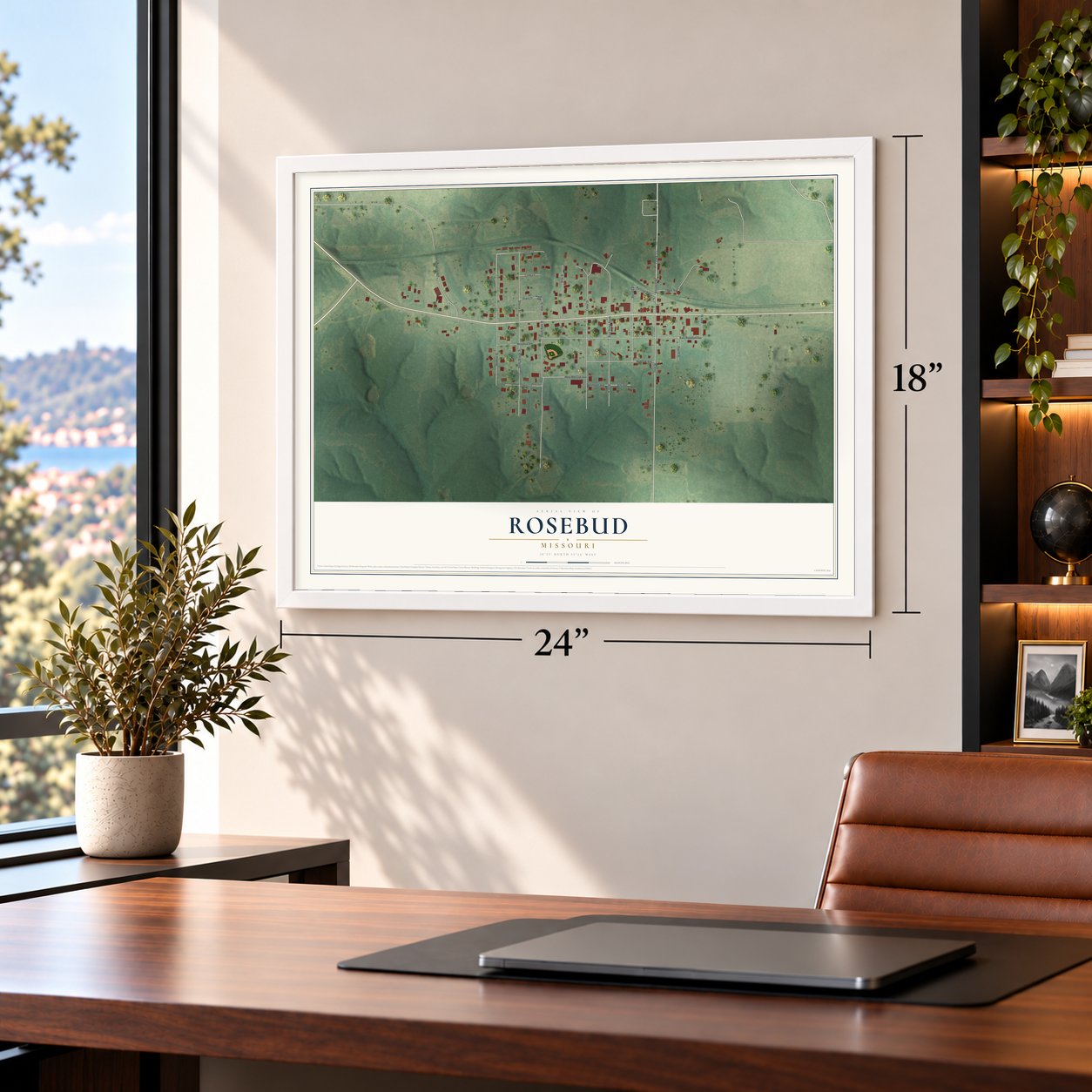 Rosebud, Missouri map, 18 x 24 inch print in a white frame in a home office