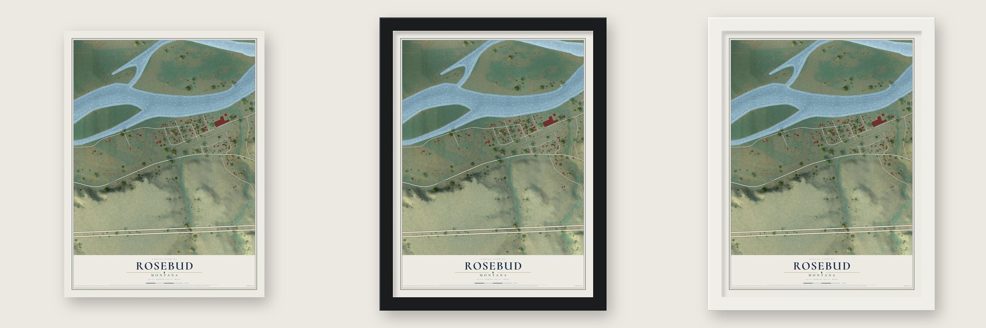 Rosebud, Montana map unframed, in a black wood frame and in a white wood frame