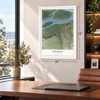 Rosebud, Montana map, 18 x 24 inch print in a white frame in a home office