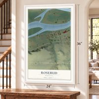 Rosebud, Montana map, 24 x 36 inch print in a white frame by a staircase