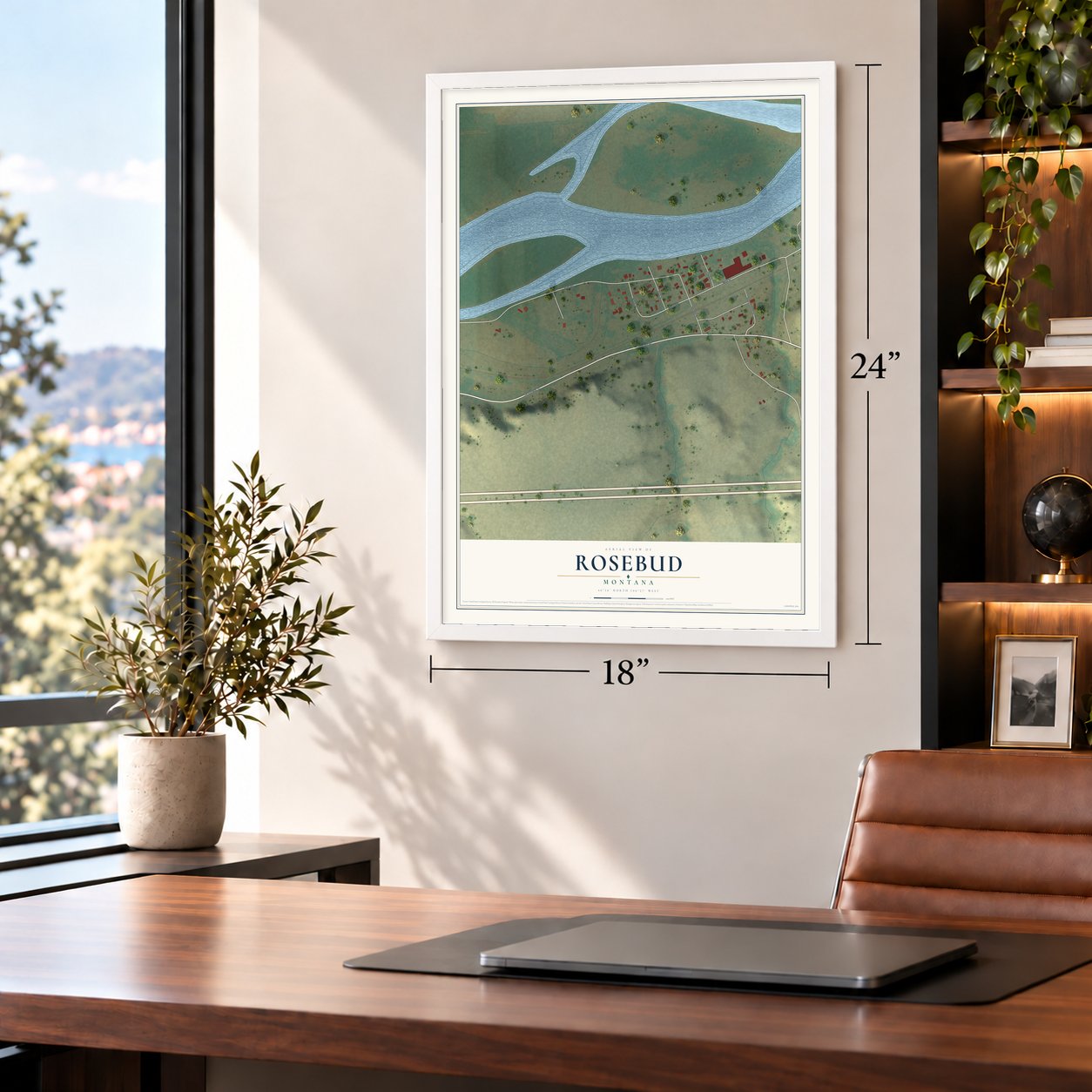 Rosebud, Montana map, 18 x 24 inch print in a white frame in a home office