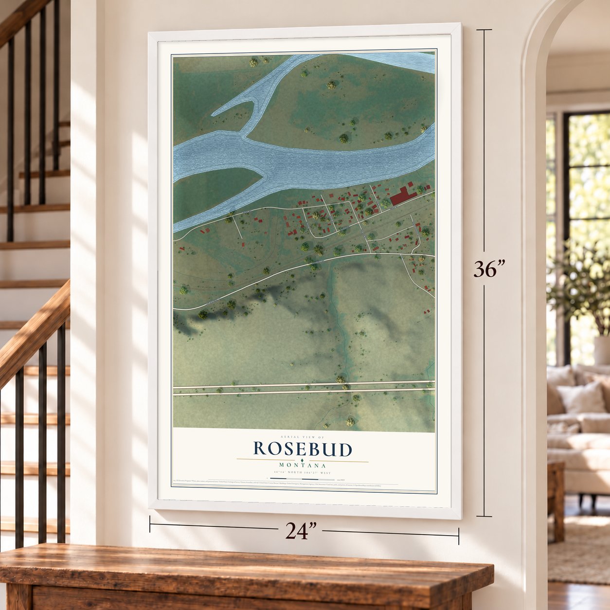 Rosebud, Montana map, 24 x 36 inch print in a white frame by a staircase