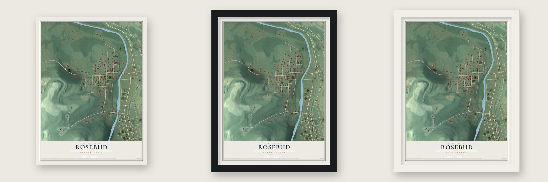 Rosebud, Pennsylvania map unframed, in a black wood frame and in a white wood frame