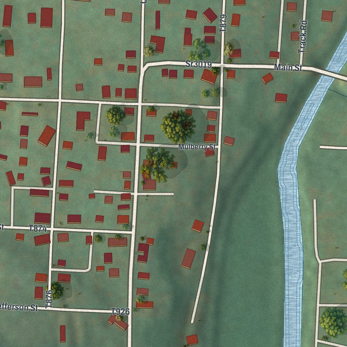 Second close-up of the map of Rosebud, Pennsylvania print showing more streets and buildings