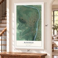 Rosebud, Pennsylvania map, 24 x 36 inch print in a white frame by a staircase