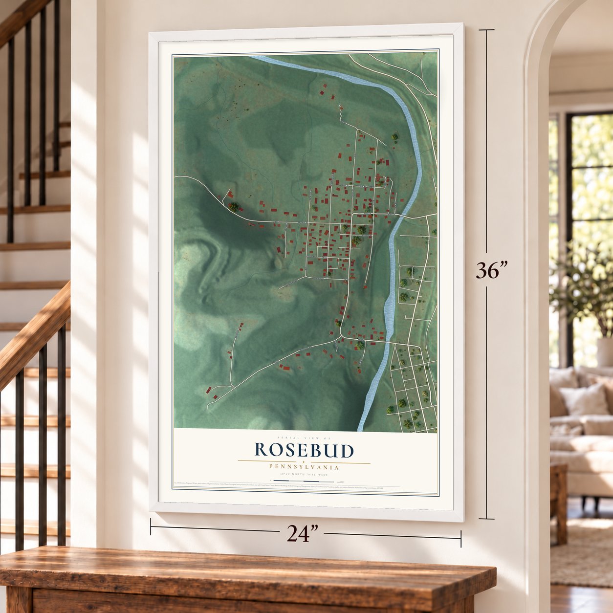 Rosebud, Pennsylvania map, 24 x 36 inch print in a white frame by a staircase