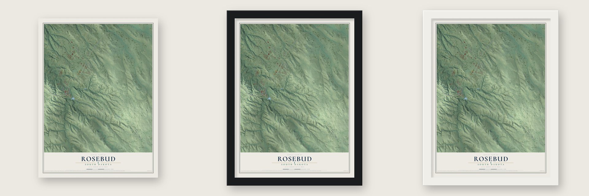 Rosebud, South Dakota map unframed, in a black wood frame and in a white wood frame