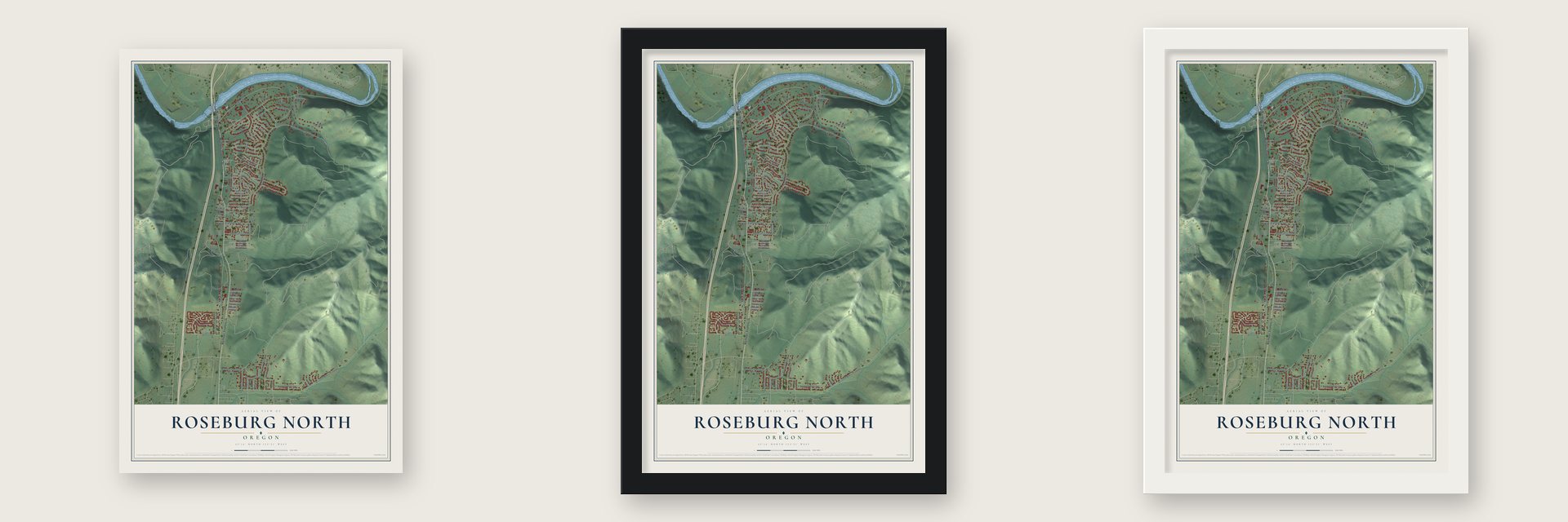 Roseburg North, Oregon map unframed, in a black wood frame and in a white wood frame