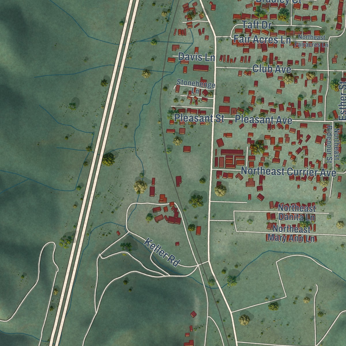 Second close-up of the map of Roseburg North, Oregon print showing more streets and buildings