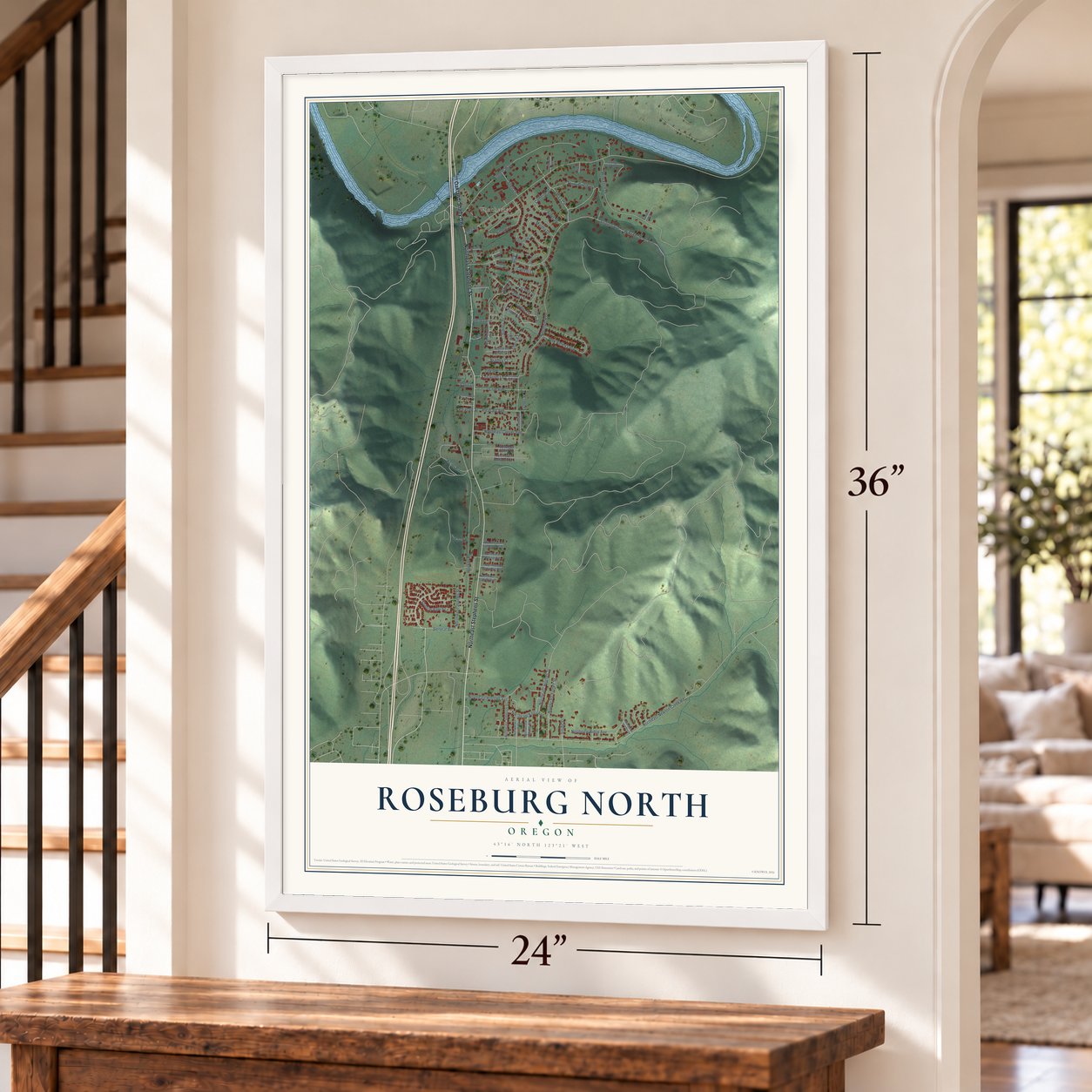 Roseburg North, Oregon map, 24 x 36 inch print in a white frame by a staircase
