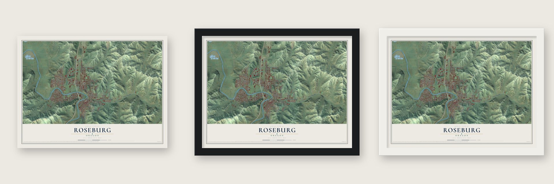 Roseburg, Oregon map unframed, in a black wood frame and in a white wood frame