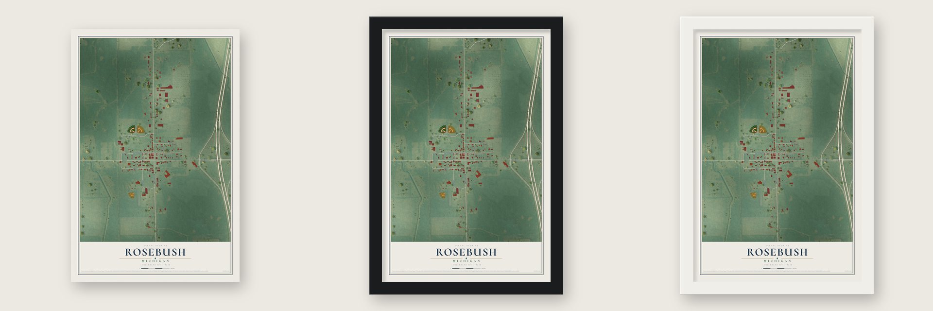 Rosebush, Michigan map unframed, in a black wood frame and in a white wood frame