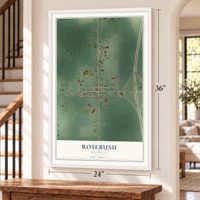 Rosebush, Michigan map, 24 x 36 inch print in a white frame by a staircase