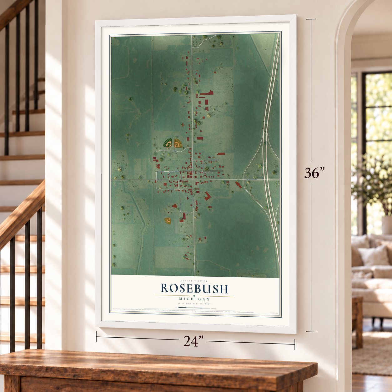 Rosebush, Michigan map, 24 x 36 inch print in a white frame by a staircase