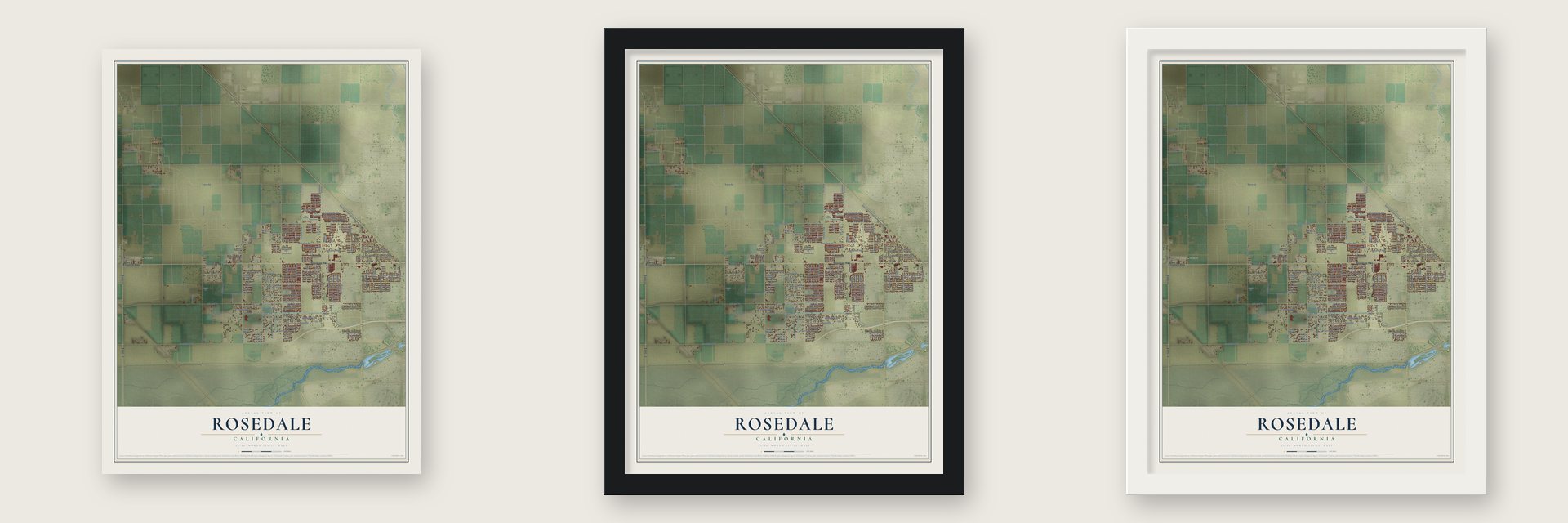 Rosedale, California map unframed, in a black wood frame and in a white wood frame