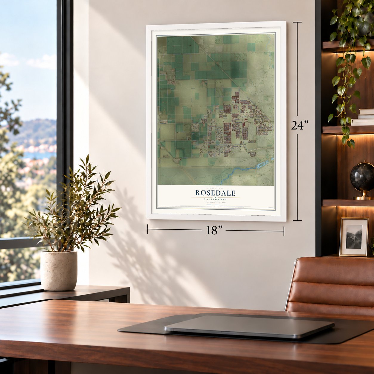 Rosedale, California map, 18 x 24 inch print in a white frame in a home office