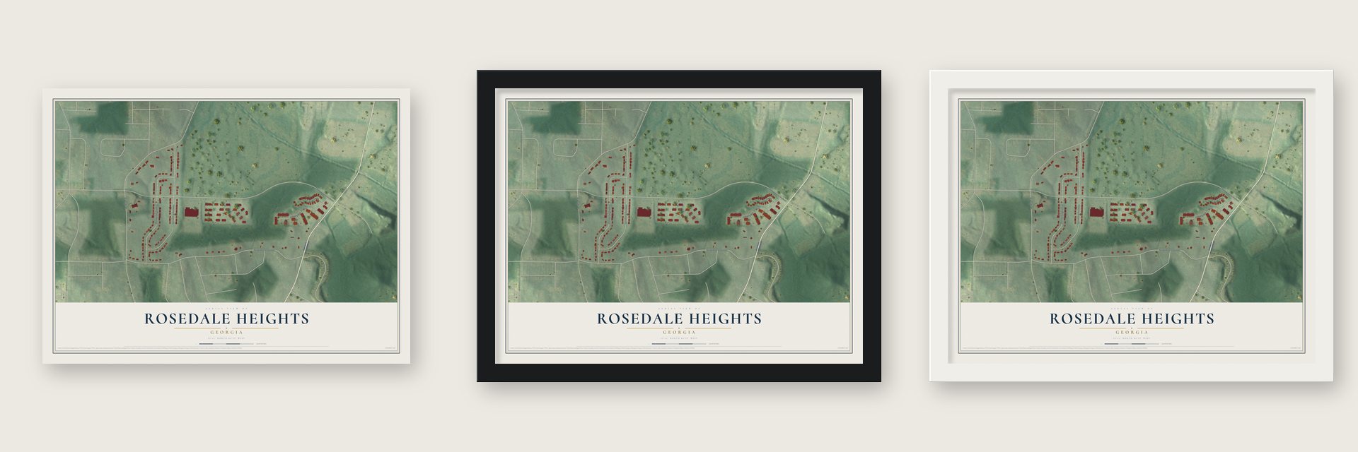 Rosedale Heights, Georgia map unframed, in a black wood frame and in a white wood frame