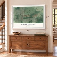 Rosedale Heights, Georgia map, 24 x 36 inch print in a white frame above a dresser by a staircase