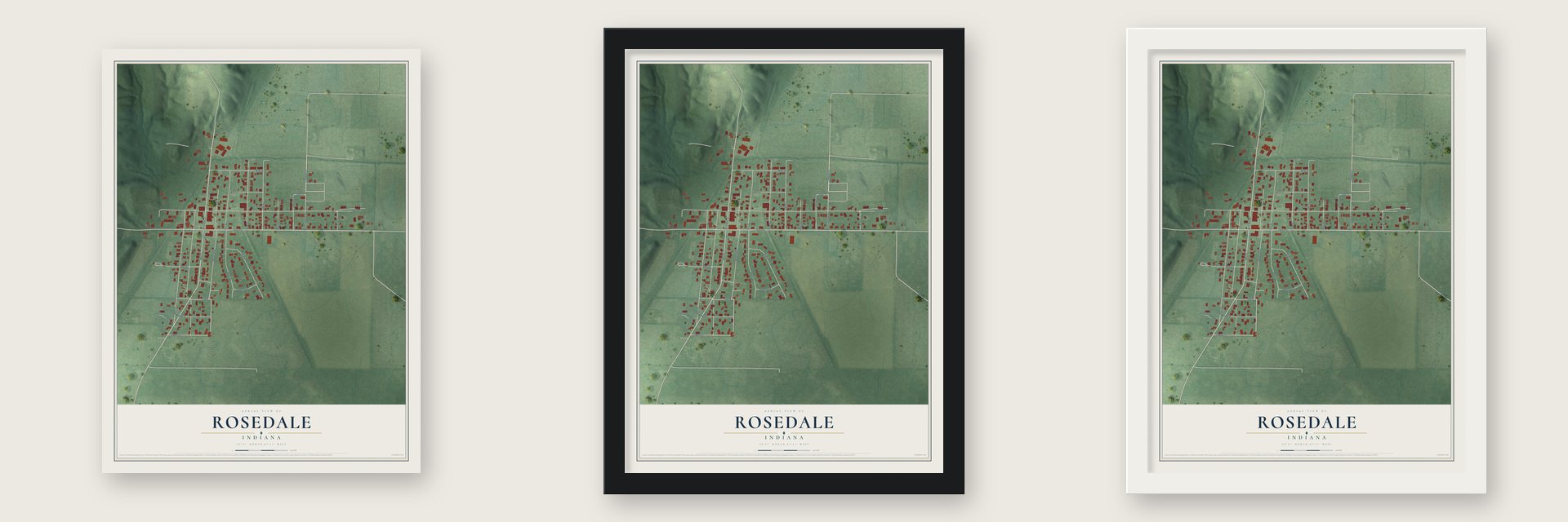 Rosedale, Indiana map unframed, in a black wood frame and in a white wood frame