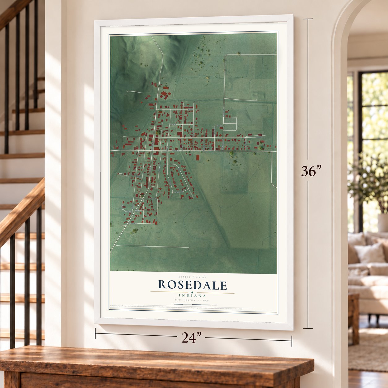 Rosedale, Indiana map, 24 x 36 inch print in a white frame by a staircase