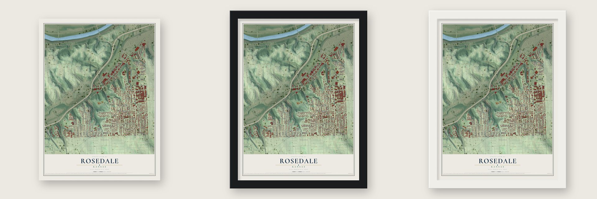 Rosedale, Kansas map unframed, in a black wood frame and in a white wood frame