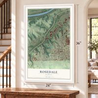 Rosedale, Kansas map, 24 x 36 inch print in a white frame by a staircase