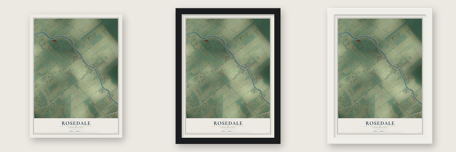 Rosedale, Louisiana map unframed, in a black wood frame and in a white wood frame