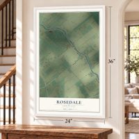 Rosedale, Louisiana map, 24 x 36 inch print in a white frame by a staircase