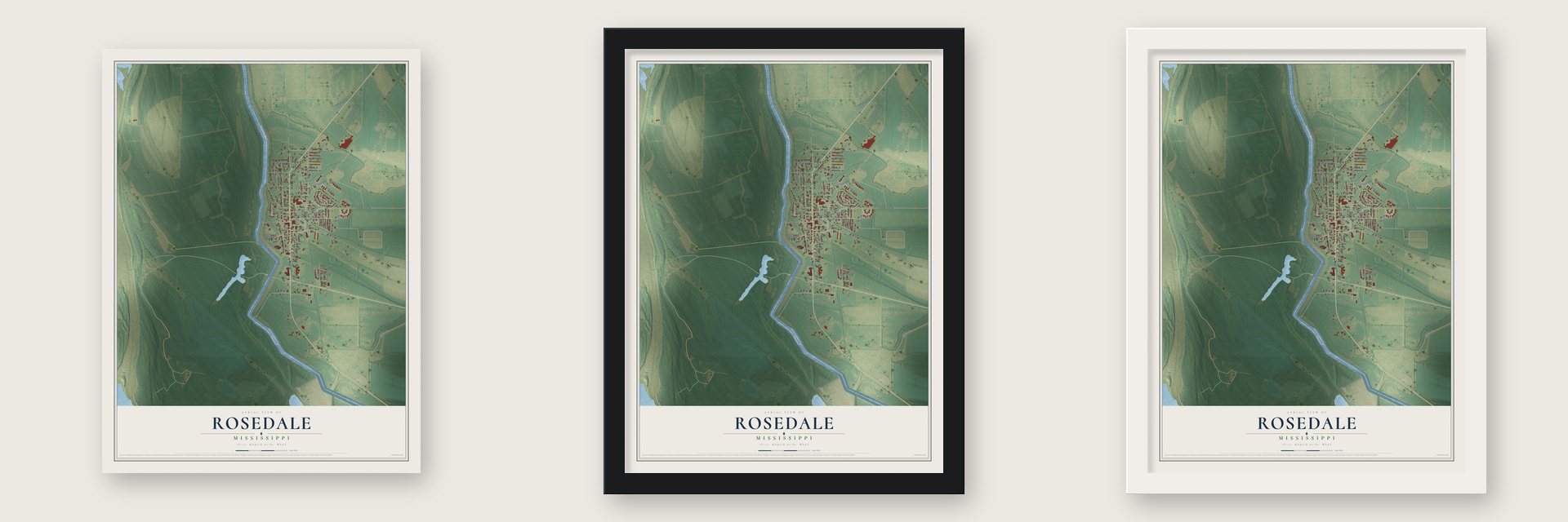 Rosedale, Mississippi map unframed, in a black wood frame and in a white wood frame