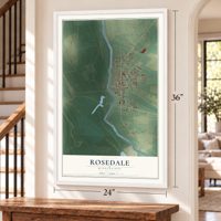 Rosedale, Mississippi map, 24 x 36 inch print in a white frame by a staircase
