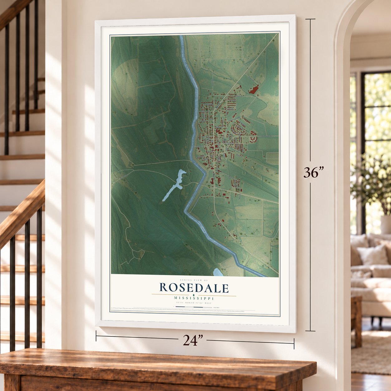 Rosedale, Mississippi map, 24 x 36 inch print in a white frame by a staircase