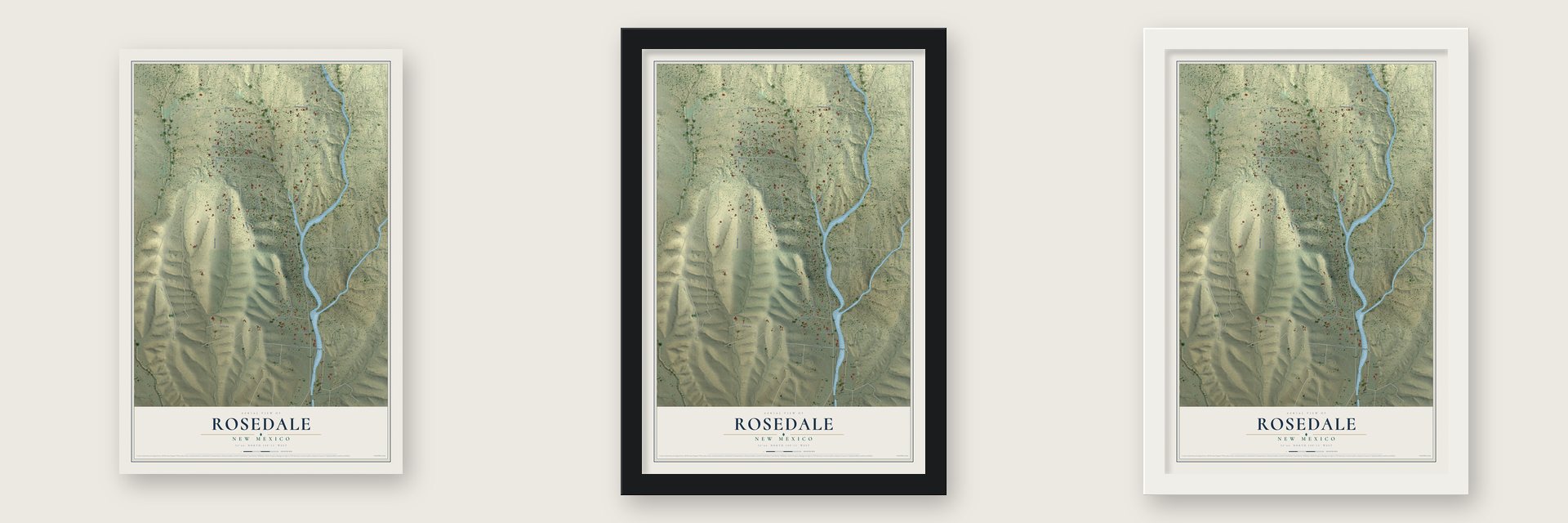Rosedale, New Mexico map unframed, in a black wood frame and in a white wood frame