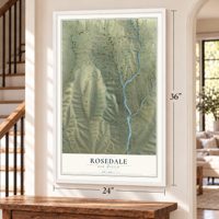 Rosedale, New Mexico map, 24 x 36 inch print in a white frame by a staircase