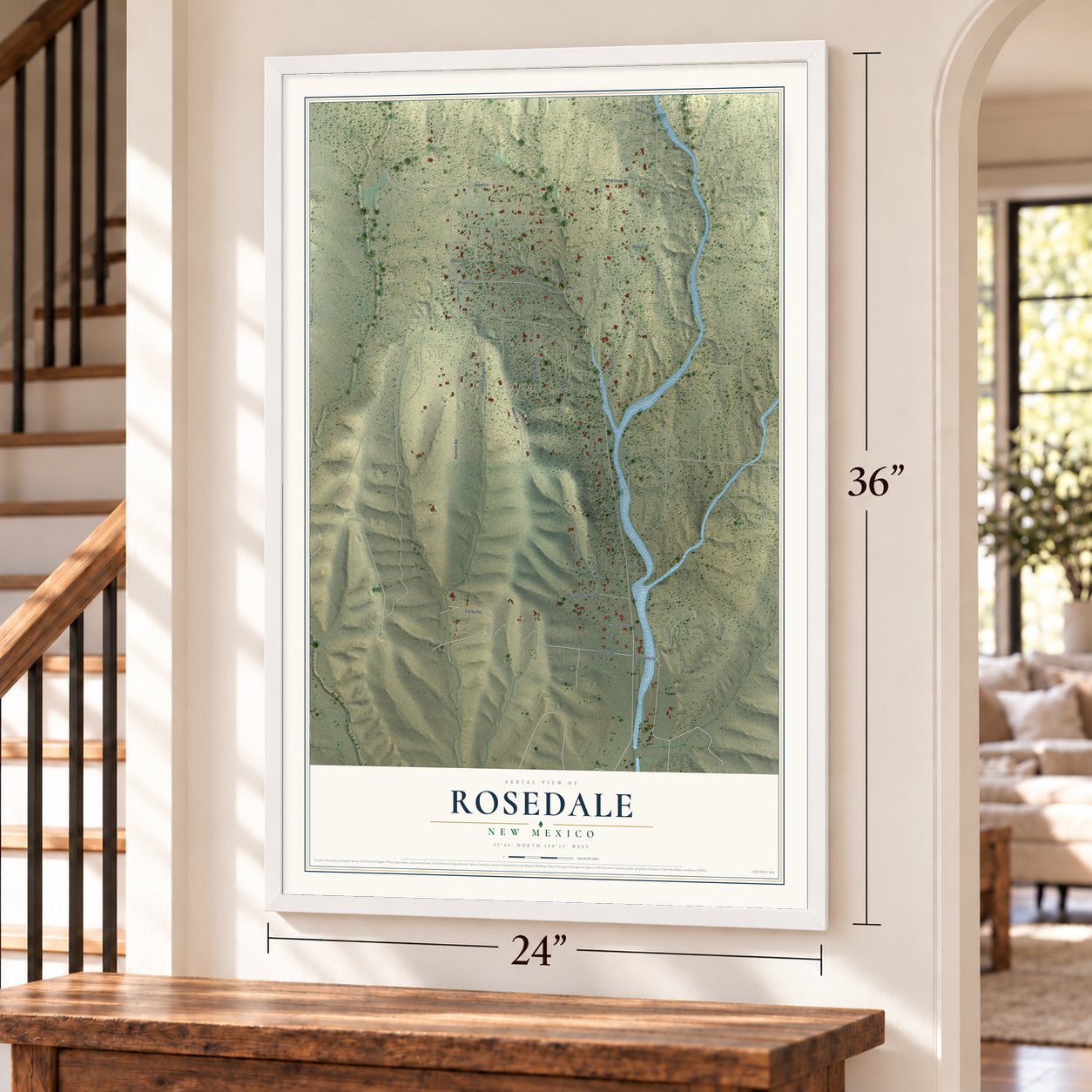 Rosedale, New Mexico map, 24 x 36 inch print in a white frame by a staircase