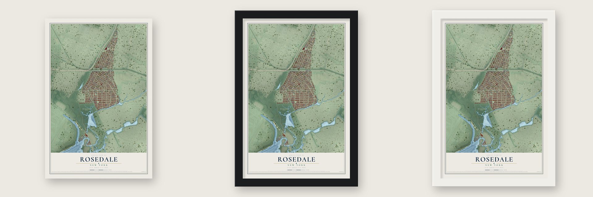 Rosedale, New York map unframed, in a black wood frame and in a white wood frame