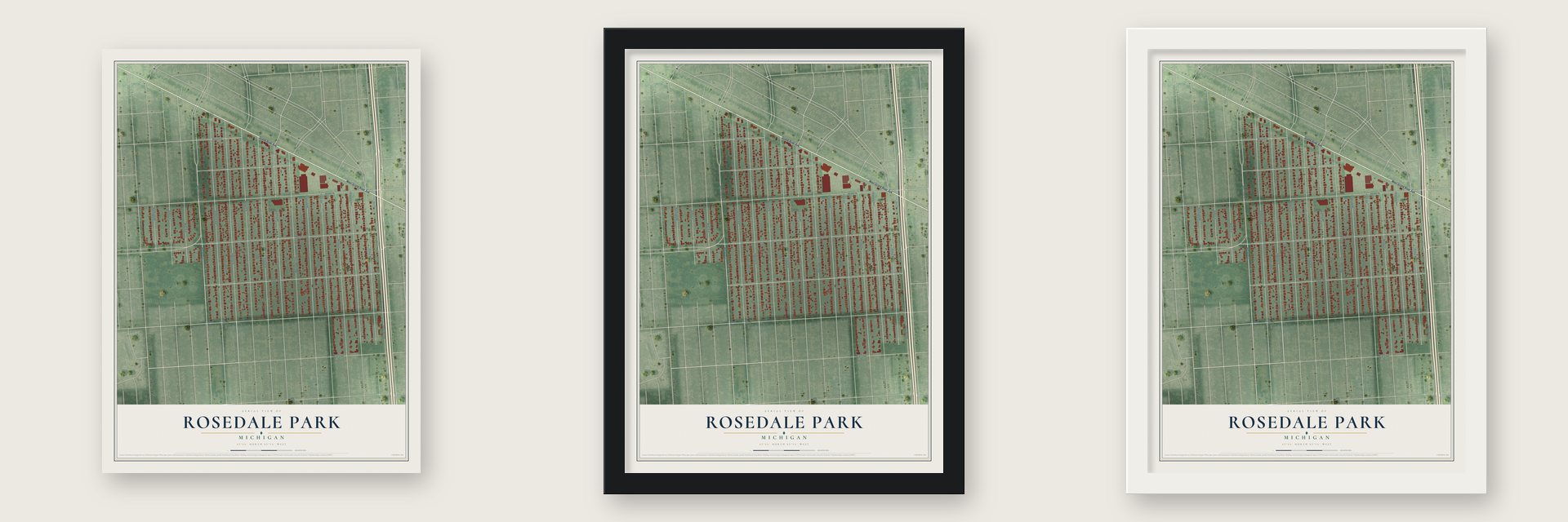 Rosedale Park, Michigan map unframed, in a black wood frame and in a white wood frame