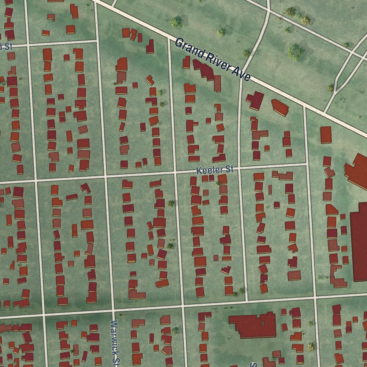 Second close-up of the map of Rosedale Park, Michigan print showing more streets and buildings