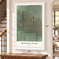 Rosedale Park, Michigan map, 24 x 36 inch print in a white frame by a staircase