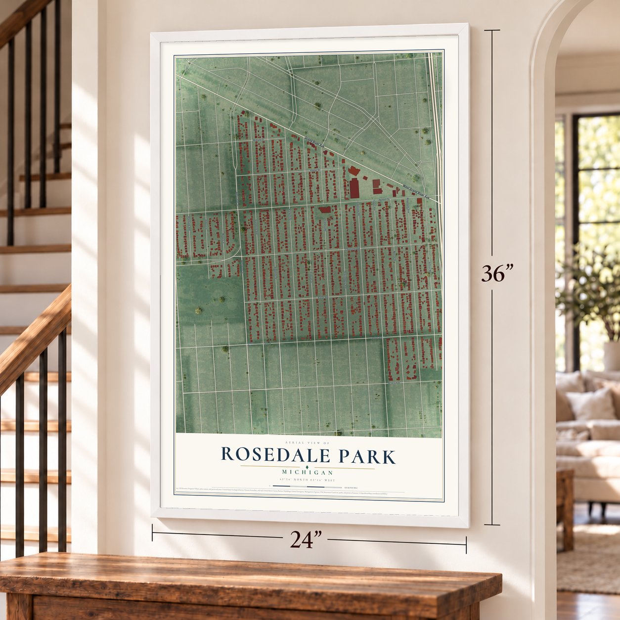 Rosedale Park, Michigan map, 24 x 36 inch print in a white frame by a staircase