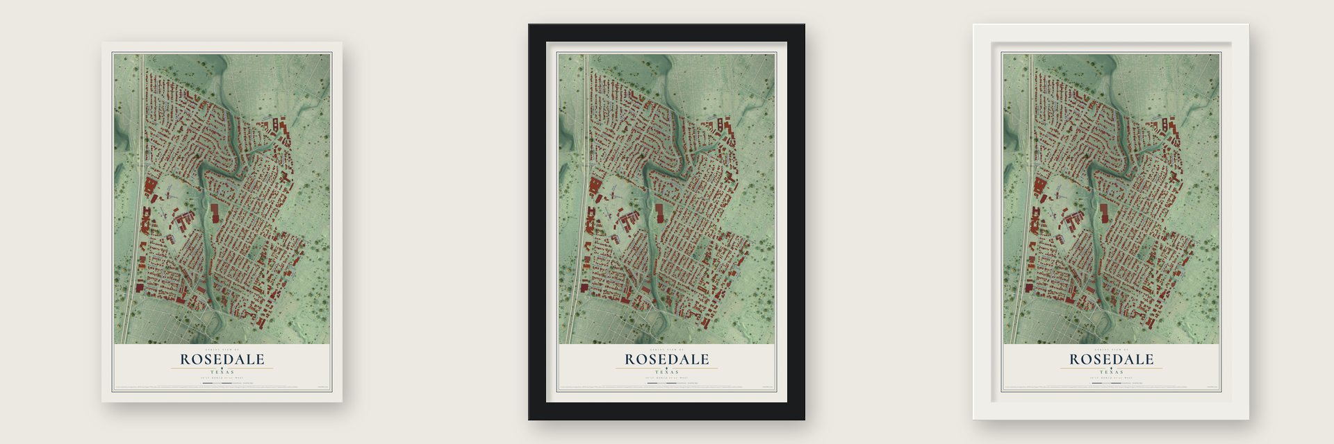 Rosedale, Texas map unframed, in a black wood frame and in a white wood frame